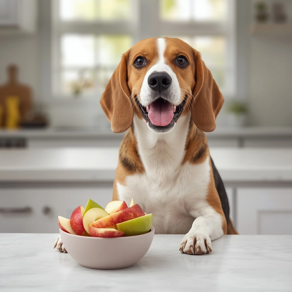 Cheerful Beagle sitting beside a bowl of fresh red and green apple slices in a bright American kitchen.