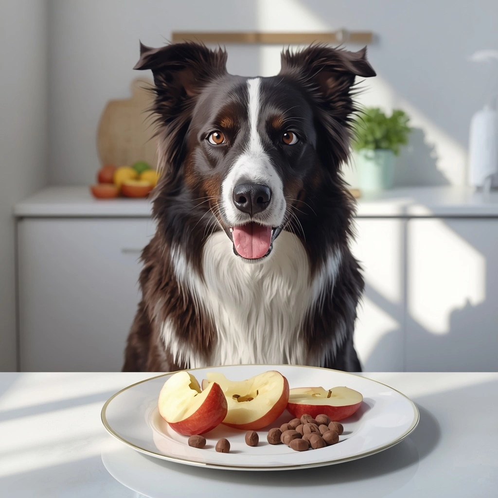 Border Collie waiting beside fresh apple slices with apple core and seeds separated on a kitchen counter for dog safety.