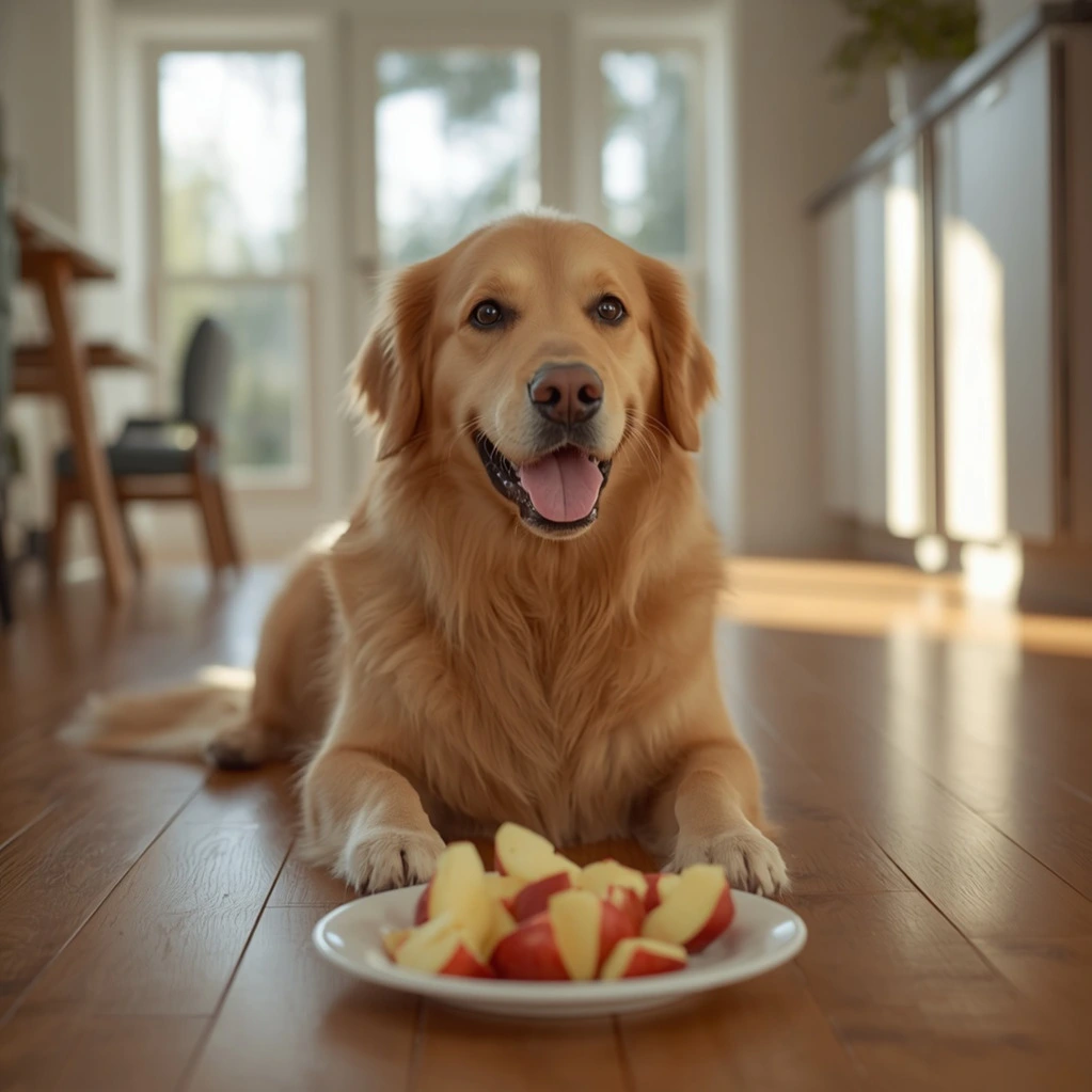 Happy Golden Retriever looking at freshly sliced seedless red apples on a white plate in a bright modern American kitchen.