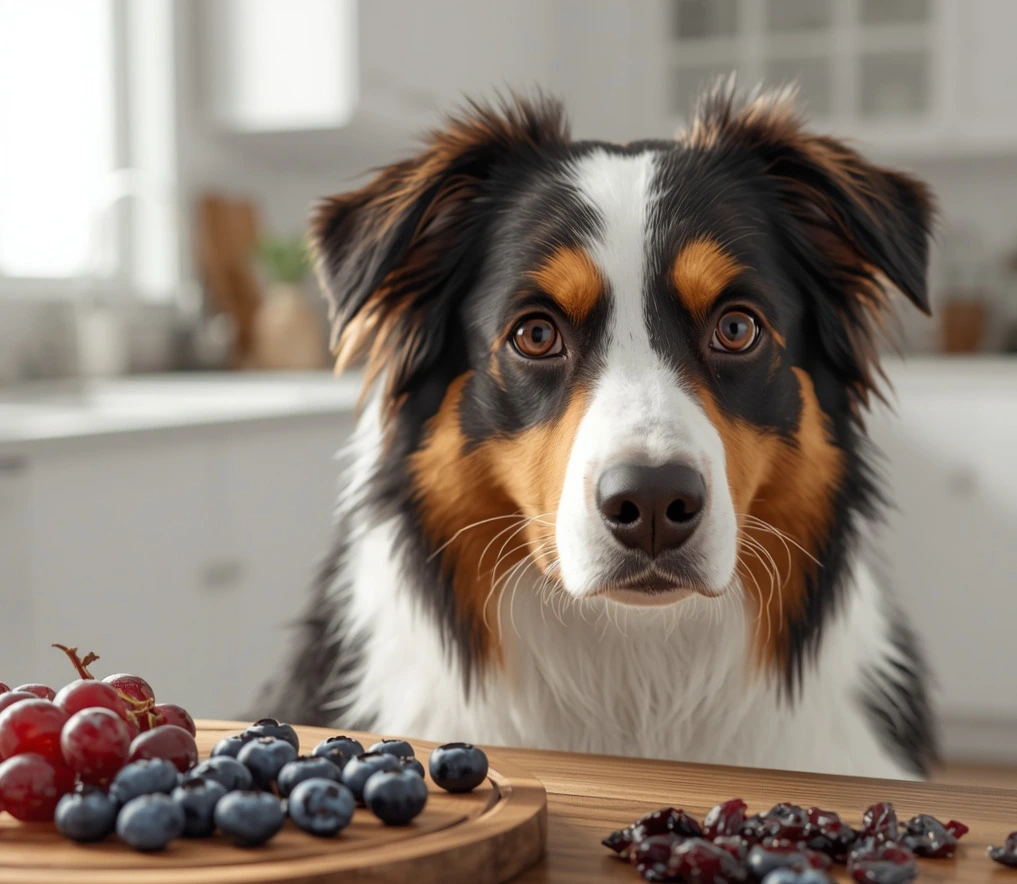 Dog safely eating blueberries as a healthy fruit snack