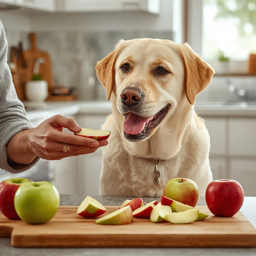 ''A friendly Labrador Retriever gently eating a fresh apple slice from its owner's hand in a bright modern American kitchen. Whole and sliced apples rest on a wooden cutting board, creating a healthy dog nutrition scene with natural lighting and a clean, realistic background."