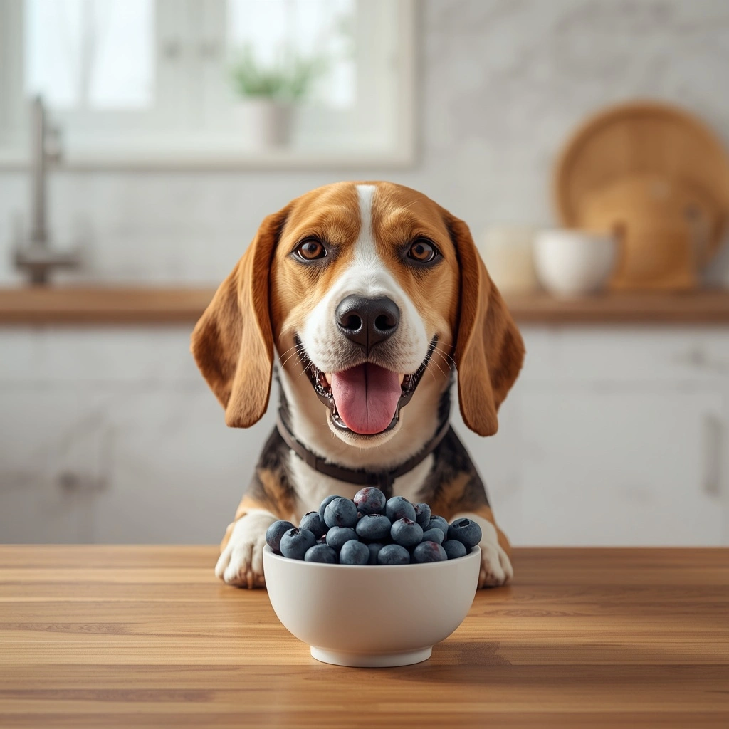 Happy Beagle beside a bowl of fresh blueberries on a wooden countertop in a modern kitchen.