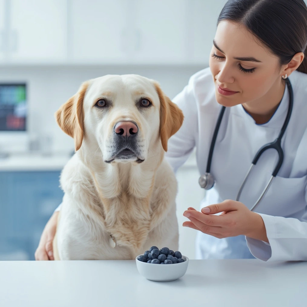 Happy Labrador Retriever with fresh blueberries at a veterinary clinic, highlighting safe fruit treats for dogs.