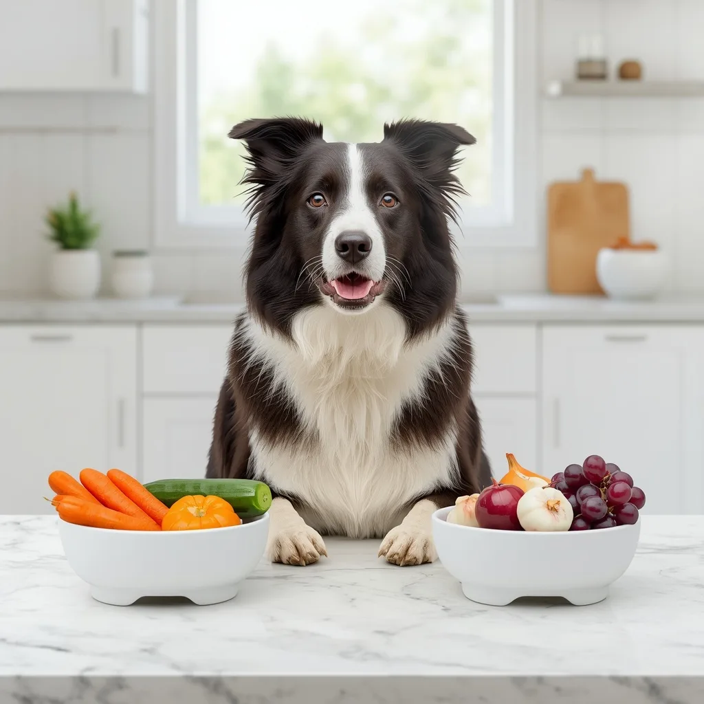 Border Collie between bowls of dog-safe foods and dangerous foods, including carrots, cucumber, pumpkin, chicken, chocolate, grapes, onion, garlic, and raisins.