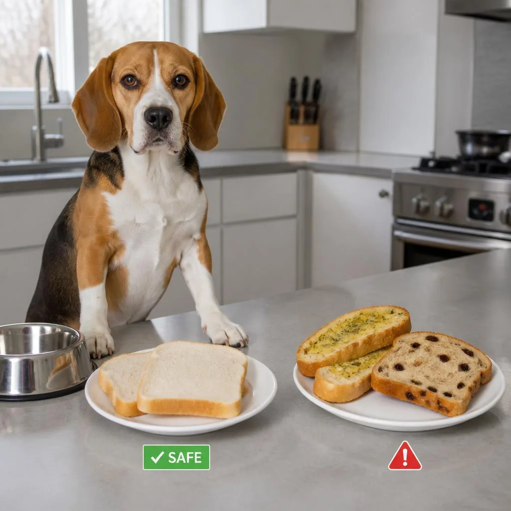 Beagle sitting beside two plates showing safe plain white bread and unsafe garlic bread with raisin bread, illustrating which types of bread dogs can and cannot eat safely.