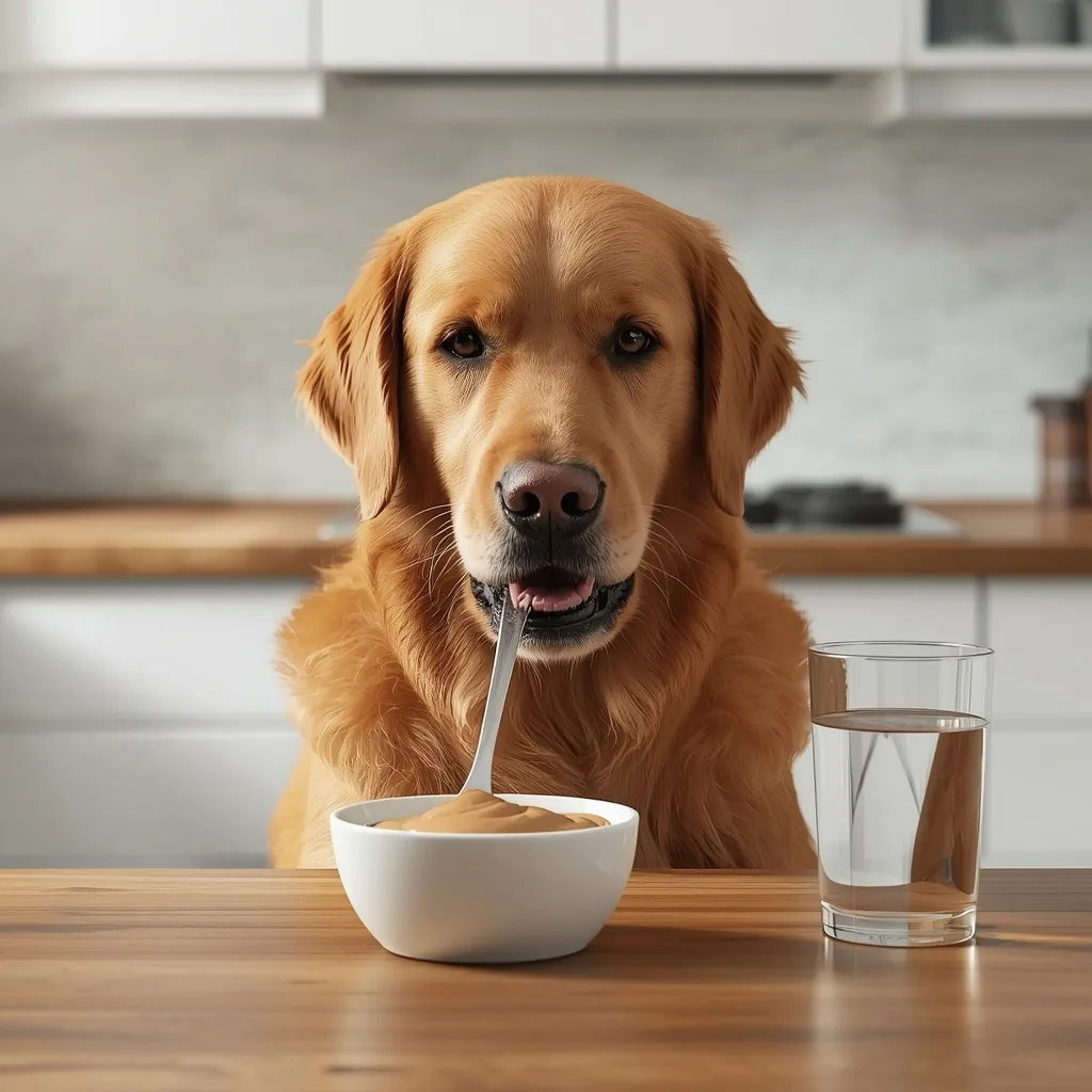Golden Retriever licking a spoonful of plain natural peanut butter in a modern American kitchen, showing a safe peanut butter treat for dogs without xylitol.