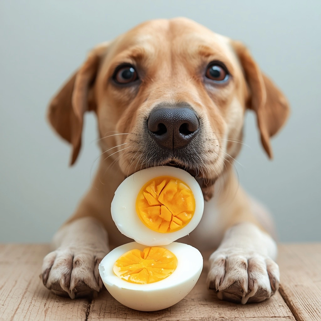 "Happy Golden Retriever sitting beside a plate of sliced hard-boiled eggs on a wooden table in a bright kitchen, showing a healthy and nutritious treat for dogs."