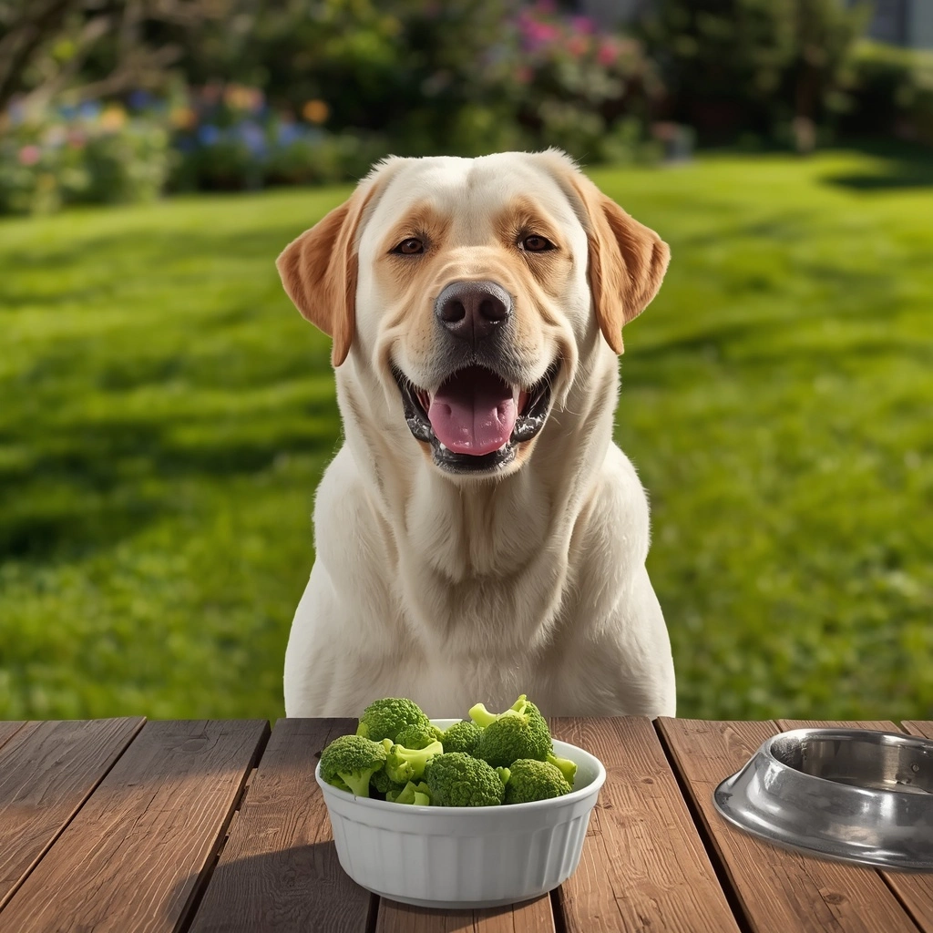 Happy Labrador Retriever sitting beside a white bowl of fresh steamed broccoli florets in a sunny American backyard, showing broccoli as a safe and healthy treat for dogs.
