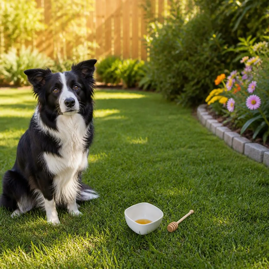 Beagle sitting next to a jar of natural honey and a small bowl of honey in a bright American backyard, representing safe honey treats for dogs.