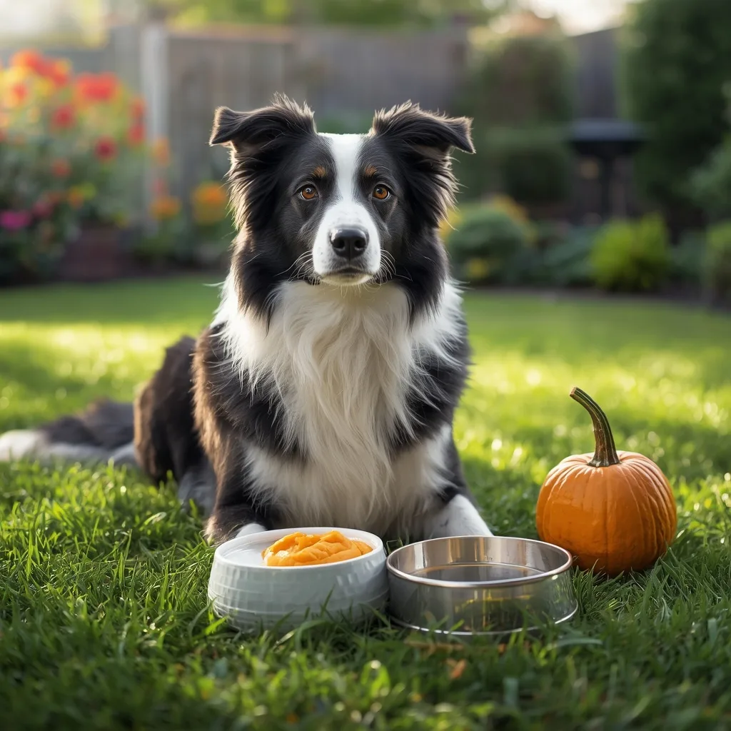 Border Collie sitting beside a white ceramic bowl of plain pumpkin puree and a stainless steel water bowl in a sunny American backyard, showing a healthy pumpkin meal for dogs.