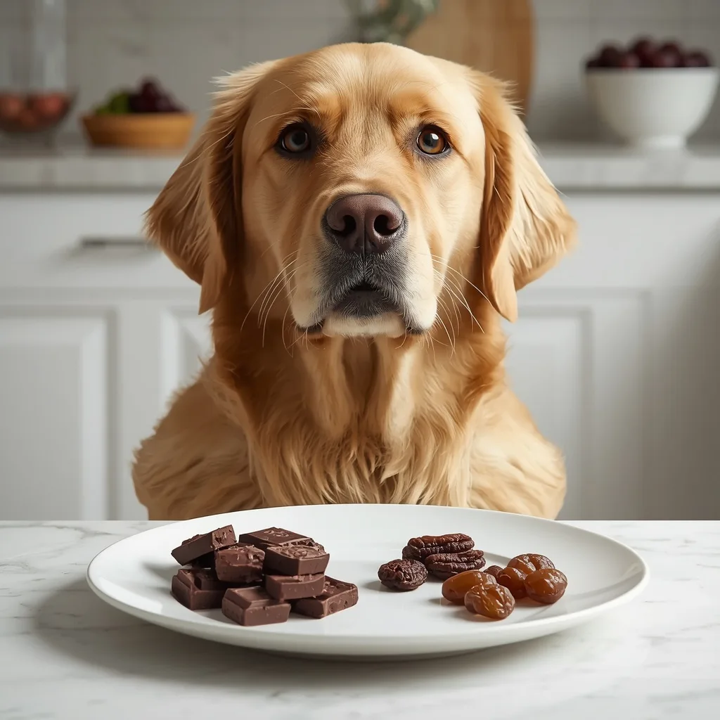 Golden Retriever beside a plate of chocolate, grapes, and raisins, highlighting dangerous foods dogs should not eat.