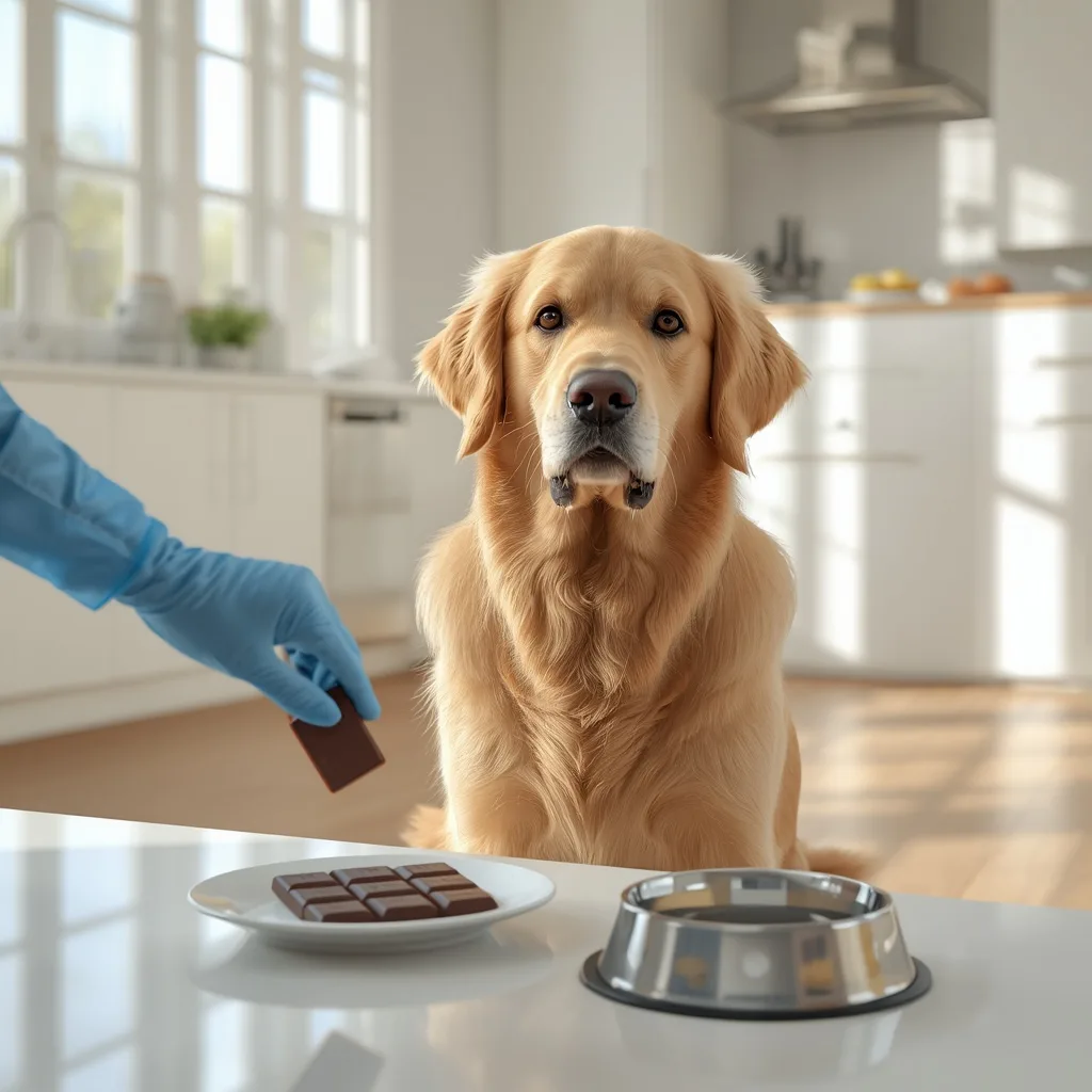 Golden Retriever sitting beside a plate with a dark chocolate bar while a veterinarian's gloved hand moves the chocolate away in a bright American kitchen, illustrating that chocolate is unsafe for dogs.