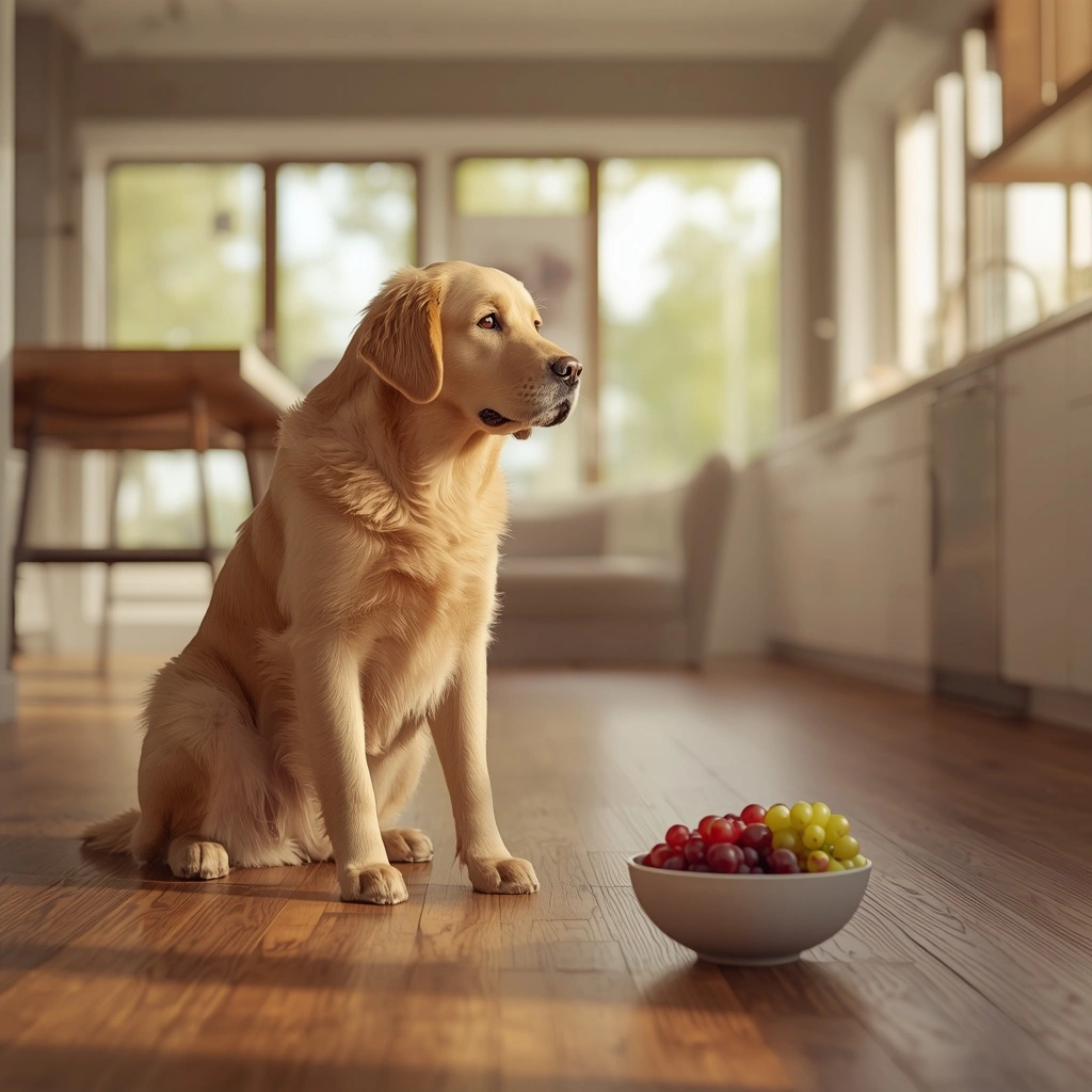 Golden Retriever sitting on a wooden kitchen floor, looking curiously at a bowl of fresh red and green grapes in a bright modern kitchen with natural sunlight.