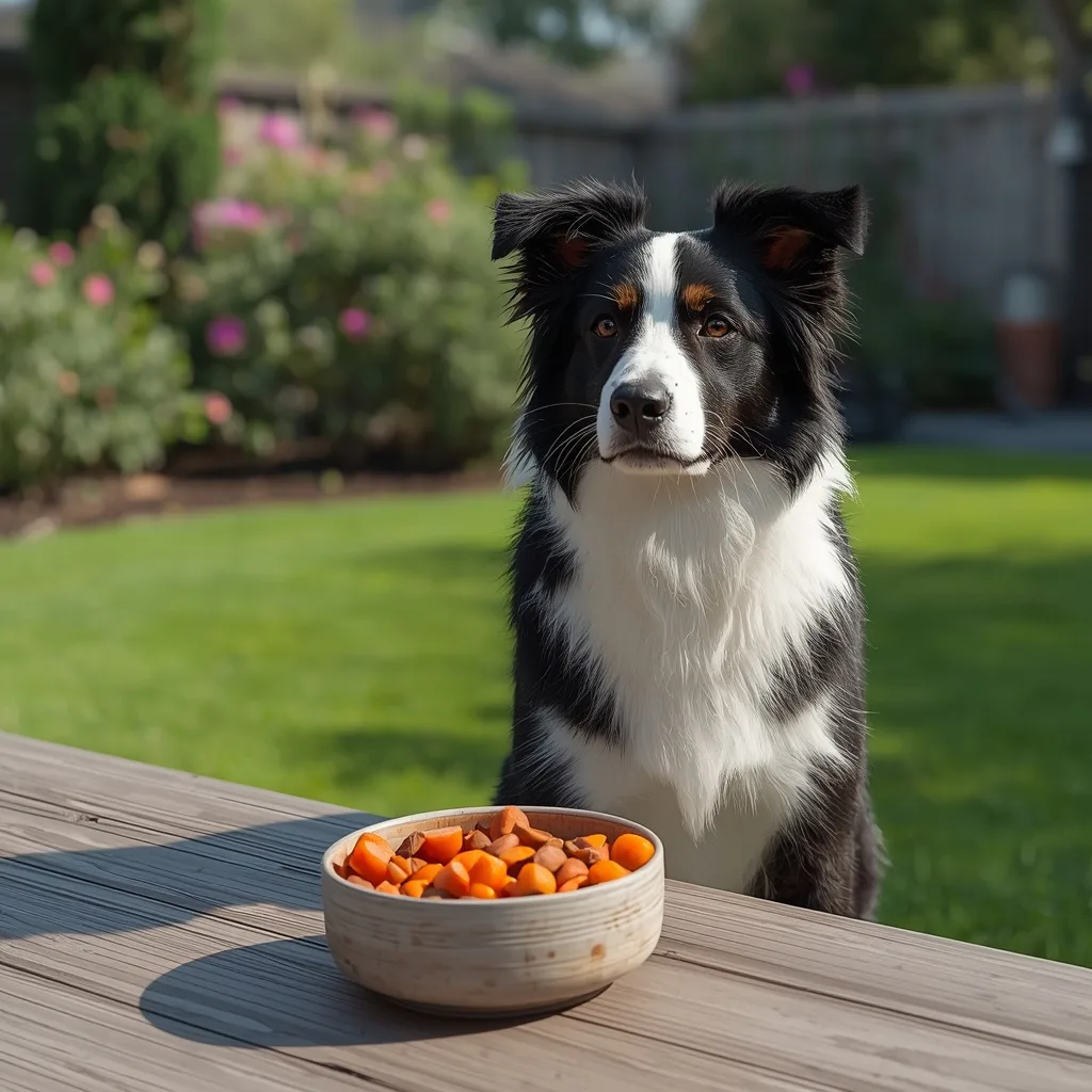 **Alt Text:**
**Border Collie sitting beside a ceramic bowl of premium dog food mixed with fresh sliced carrots in a sunny backyard, showing a healthy and balanced meal for dogs.**