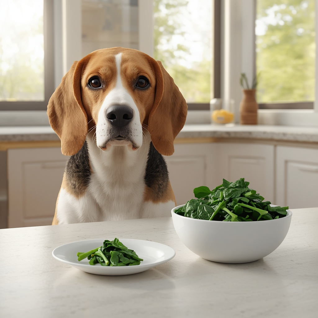Beagle with a safe portion of cooked spinach for healthy feeding.