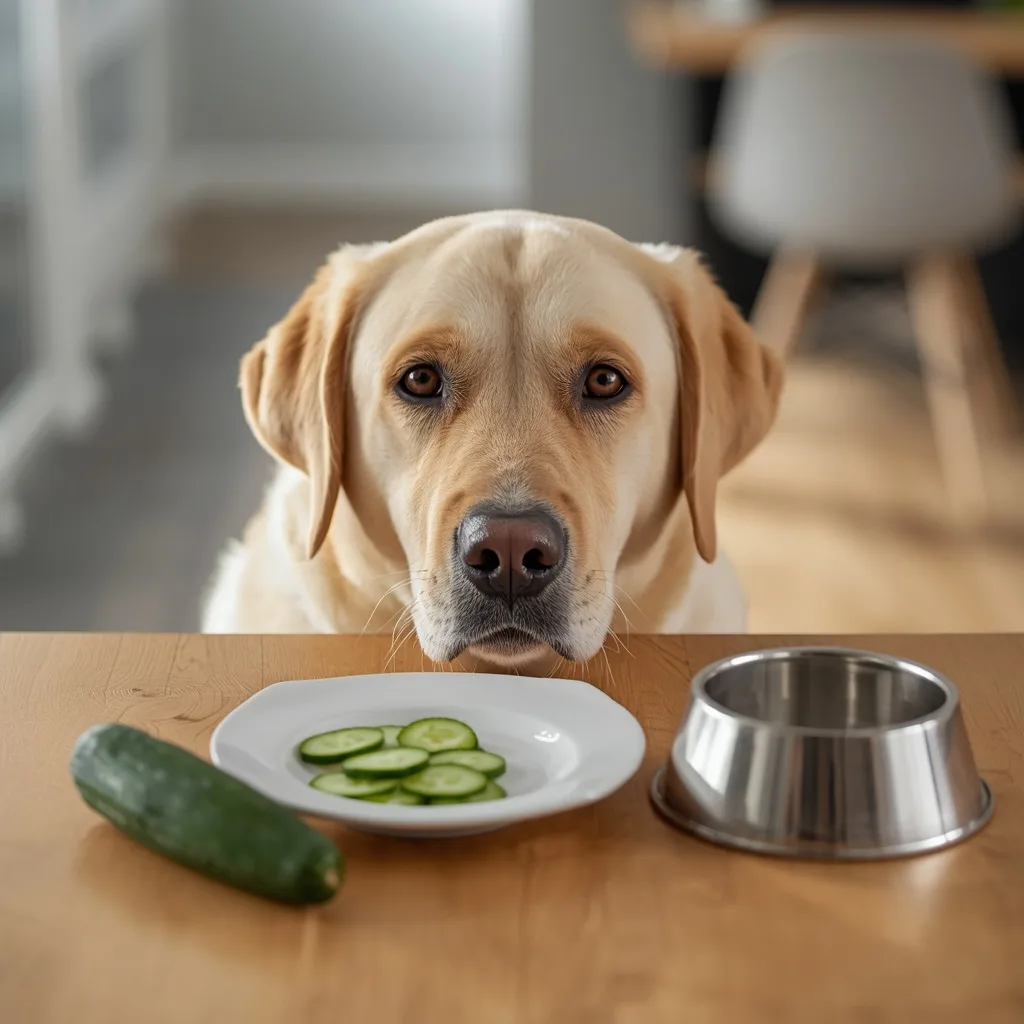 Labrador Retriever looking at a small white plate with fresh cucumber slices on a wooden table in a modern American home, illustrating a safe serving size for dogs.