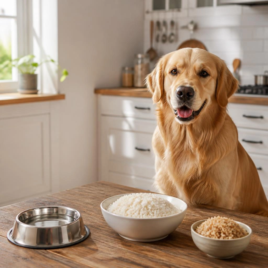 Ultra-realistic Golden Retriever sitting beside bowls of plain cooked white rice and brown rice in a bright American kitchen, showing safe rice options for dogs with fresh drinking water nearby.