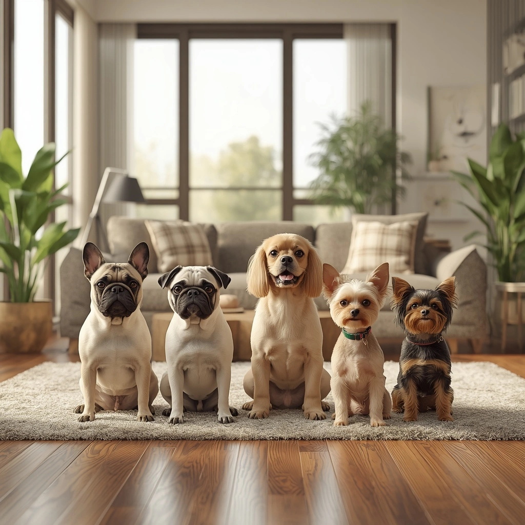 Group of small apartment-friendly dog breeds including a French Bulldog, Pug, Shih Tzu, Cavalier King Charles Spaniel, Toy Poodle, Yorkshire Terrier, and Chihuahua sitting together in a bright modern apartment living room.