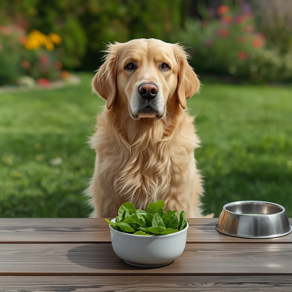 Labrador Retriever beside a bowl of plain cooked spinach prepared safely for dogs.