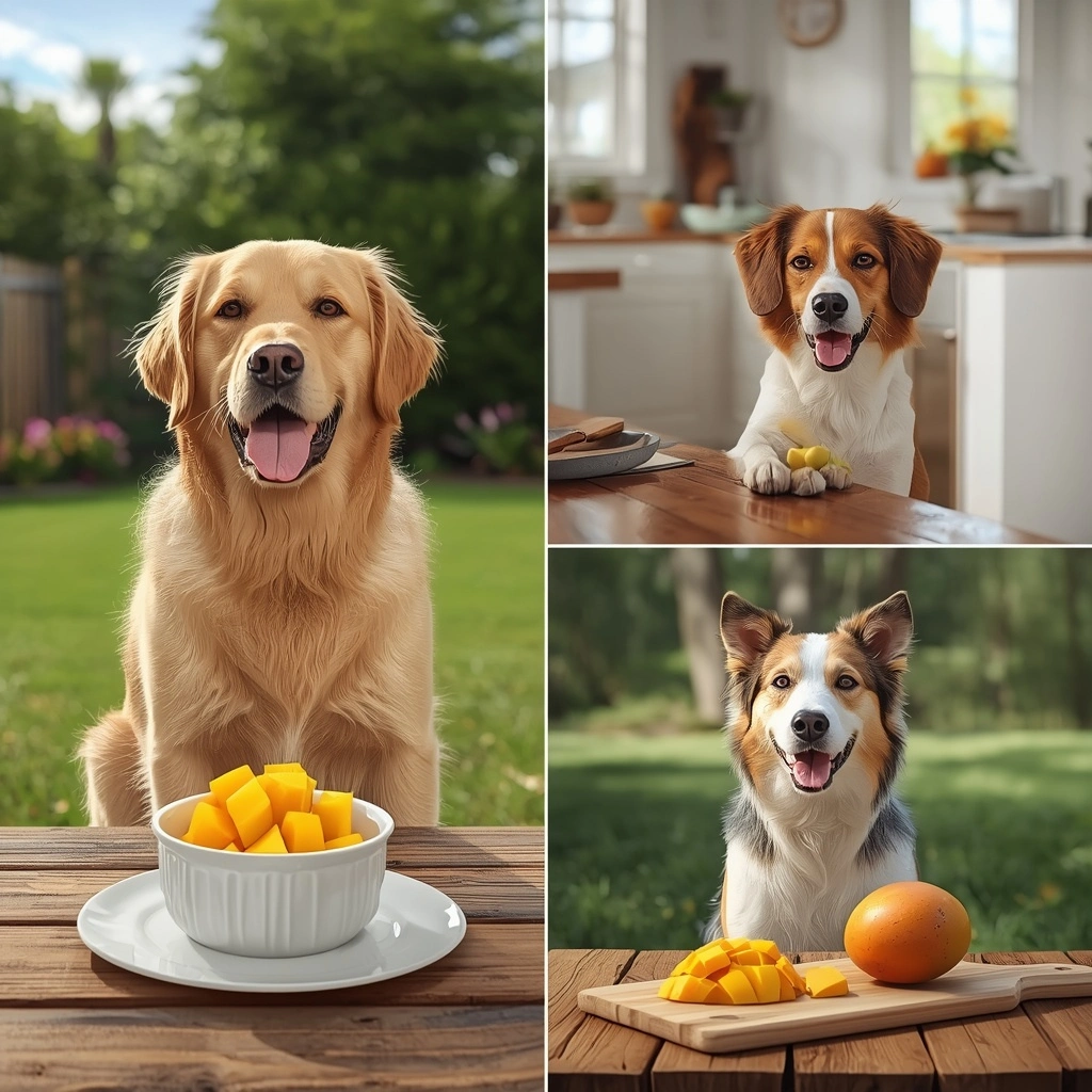 Golden Retriever sitting beside a bowl of fresh sliced mango in a sunny backyard, showing a safe and healthy mango treat for dogs.