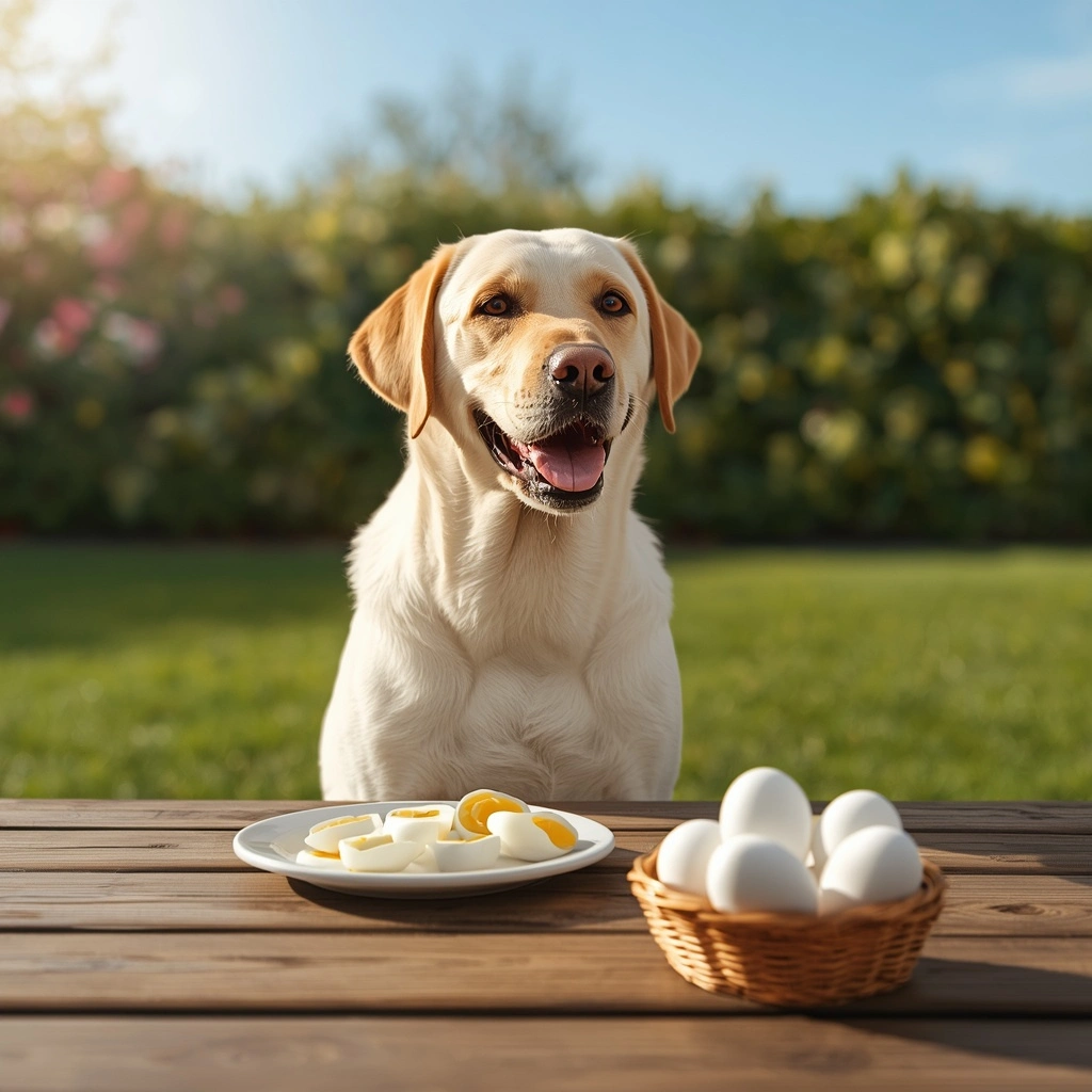 "Happy Labrador Retriever sitting beside a plate of sliced boiled eggs on a wooden picnic table in a sunny backyard, showing a healthy and safe treat for dogs."