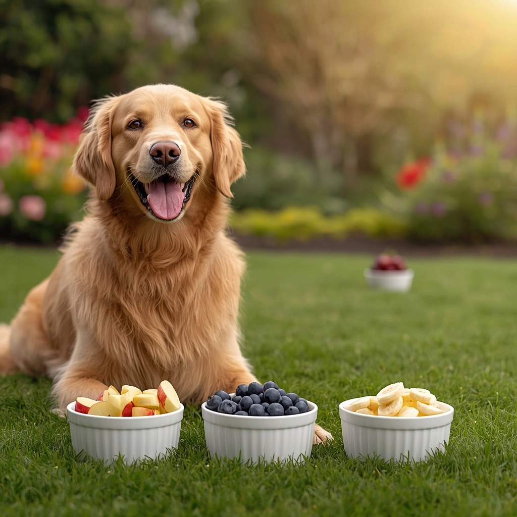 **Alternative Text (SEO-Friendly):** **Happy Golden Retriever sitting beside bowls of dog-safe fruits including apples, blueberries, and bananas, with cherries placed in the background as an unsafe food option in a sunny American backyard.**