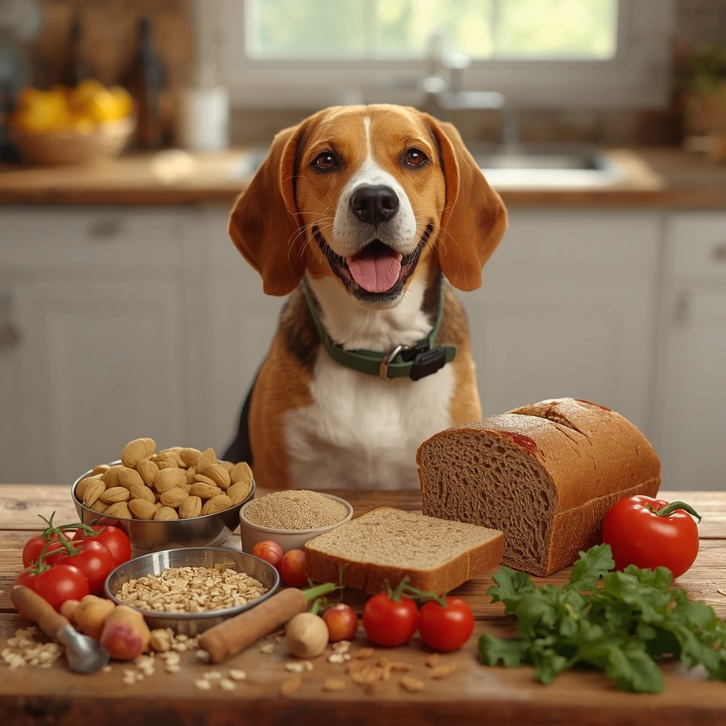 **SEO Alt Text:**

**Happy Beagle sitting beside plain whole wheat bread, whole wheat grains, oats, and fresh vegetables on a rustic wooden table in a bright American farmhouse kitchen, illustrating the nutritional benefits of whole wheat bread for dogs when served in moderation.**
