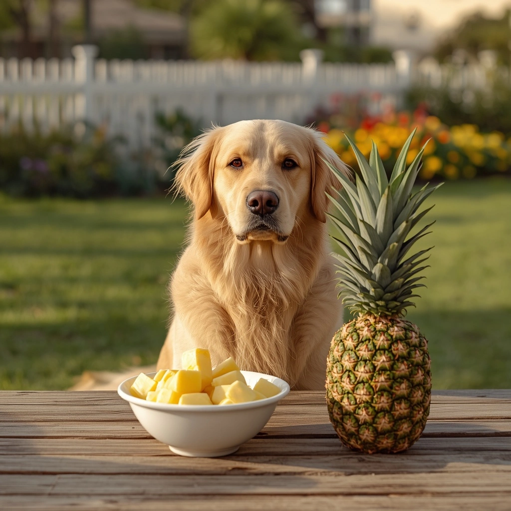 "Happy Golden Retriever with fresh pineapple pieces in a white bowl on a wooden table outdoors."