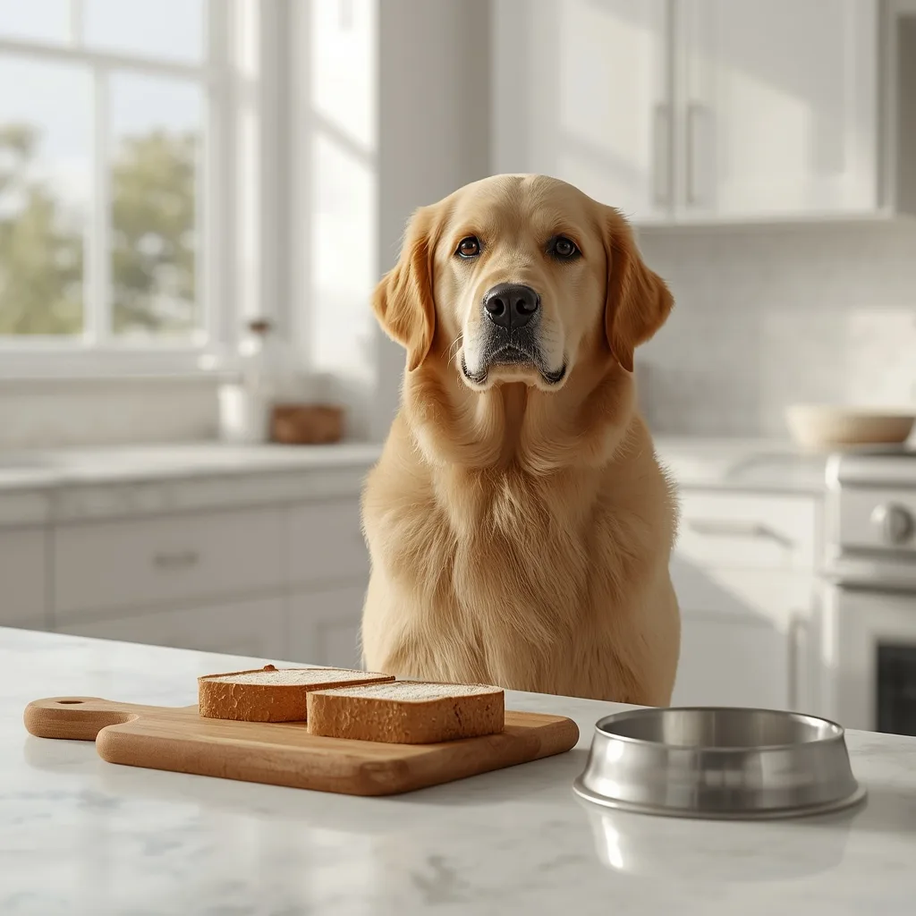 Golden Retriever sitting beside plain whole wheat and white bread on a wooden cutting board in a bright American kitchen, illustrating that plain bread can be an occasional treat for dogs.