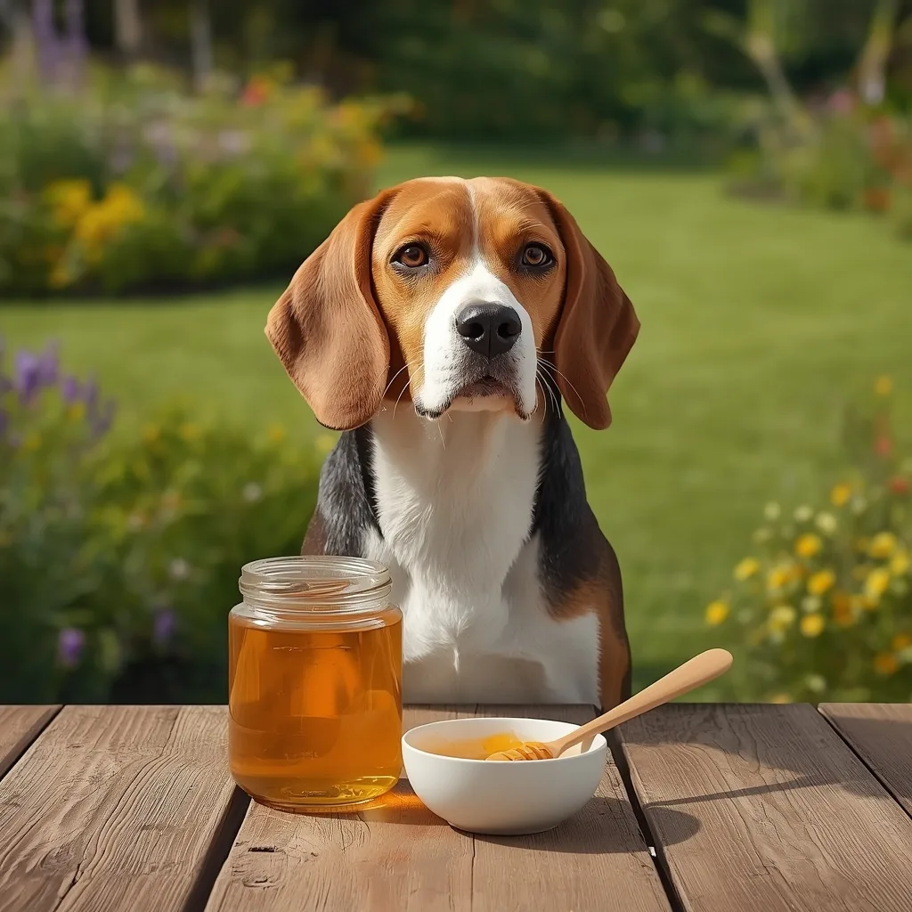 Border Collie sitting beside a white bowl with a small serving of pure honey in a sunny backyard, showing honey as an occasional treat for healthy dogs.