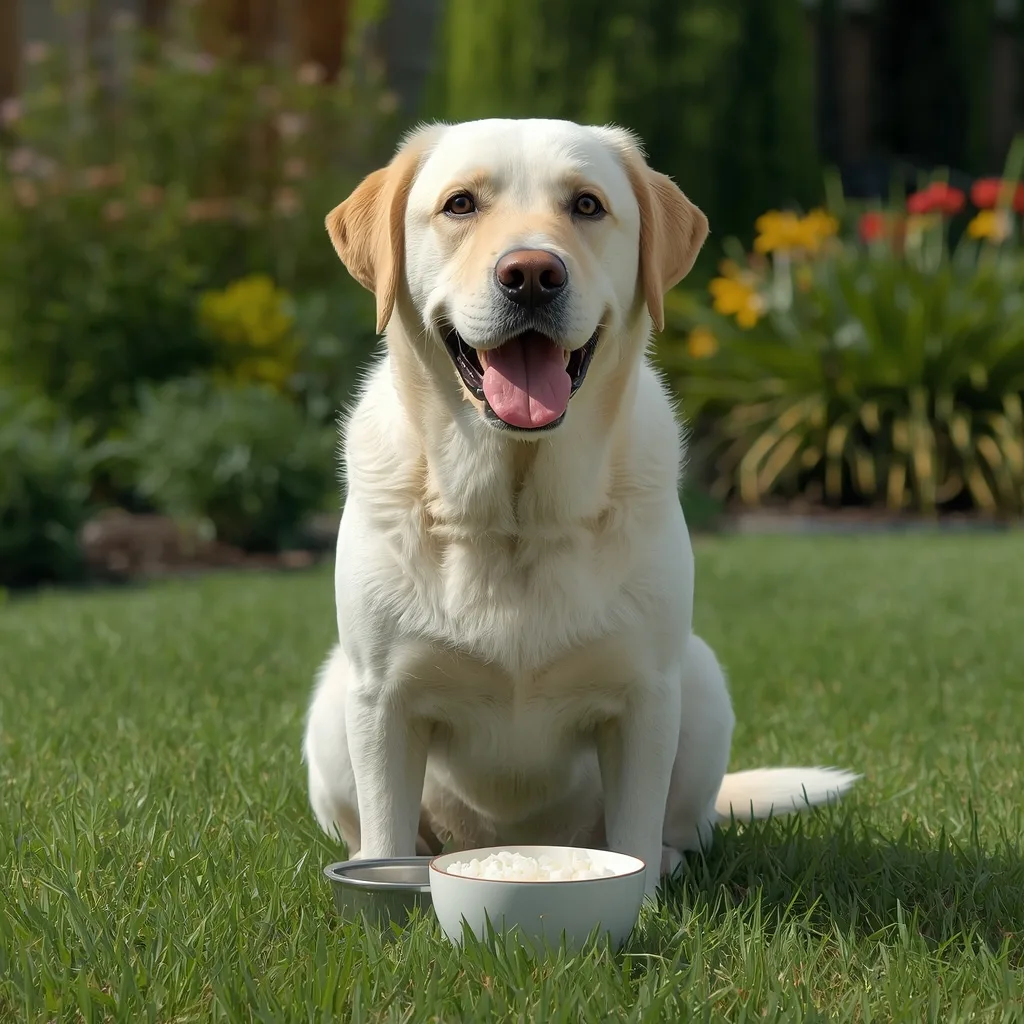 Happy Labrador Retriever sitting beside a bowl of plain cooked white rice in a sunny American backyard, showing a safe way to serve rice to dogs with fresh water nearby.