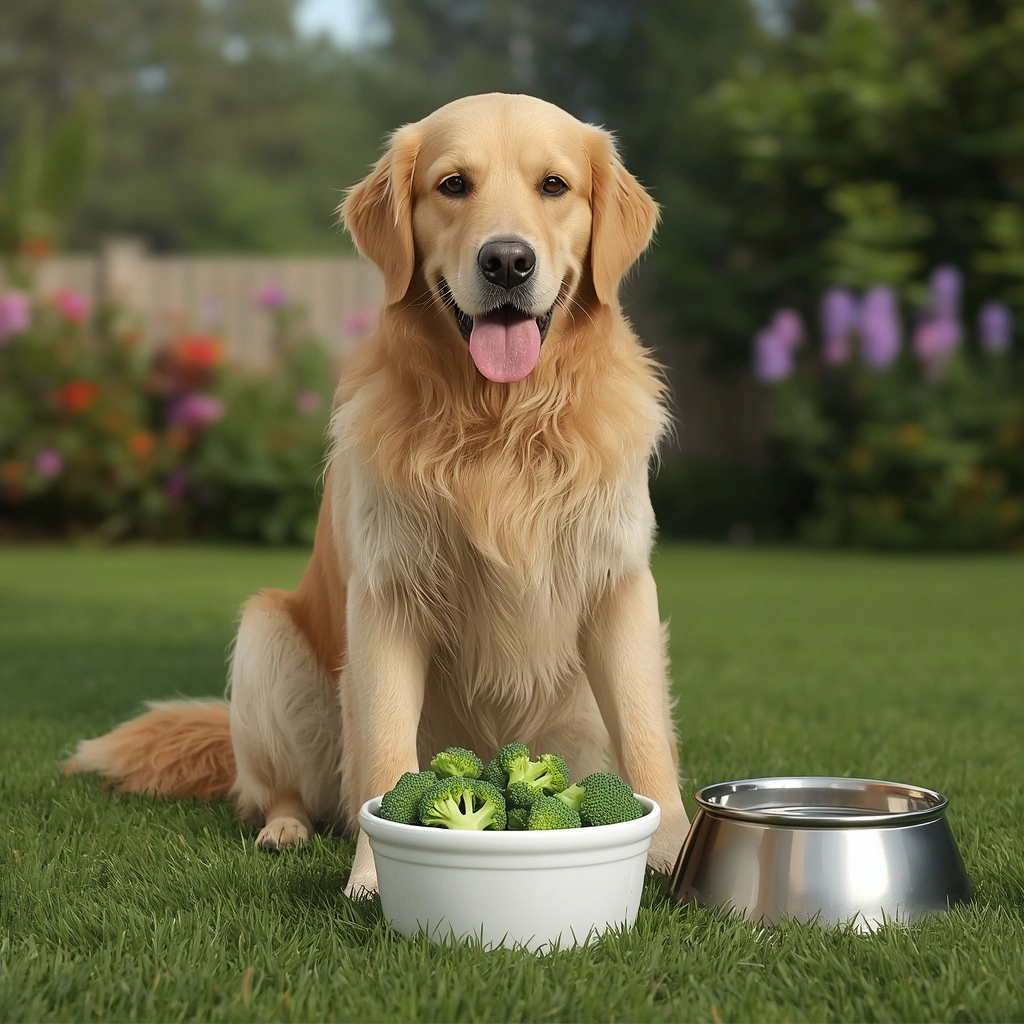 Golden Retriever sitting beside a white bowl of fresh steamed broccoli in a sunny backyard, showing broccoli as a safe and healthy treat for dogs.