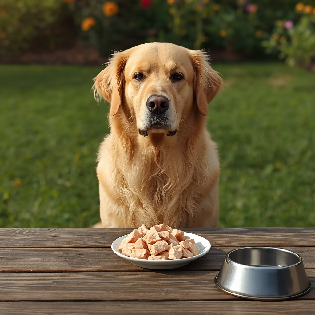 Golden Retriever beside a plate of plain cooked tuna in a sunny backyard.