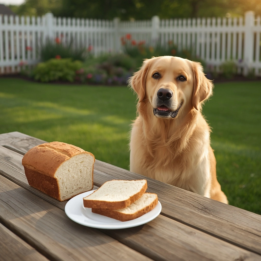 **SEO Alt Text:** **Golden Retriever sitting beside plain white bread on a wooden table in a sunny American backyard, showing that plain bread can be an occasional treat for dogs.**