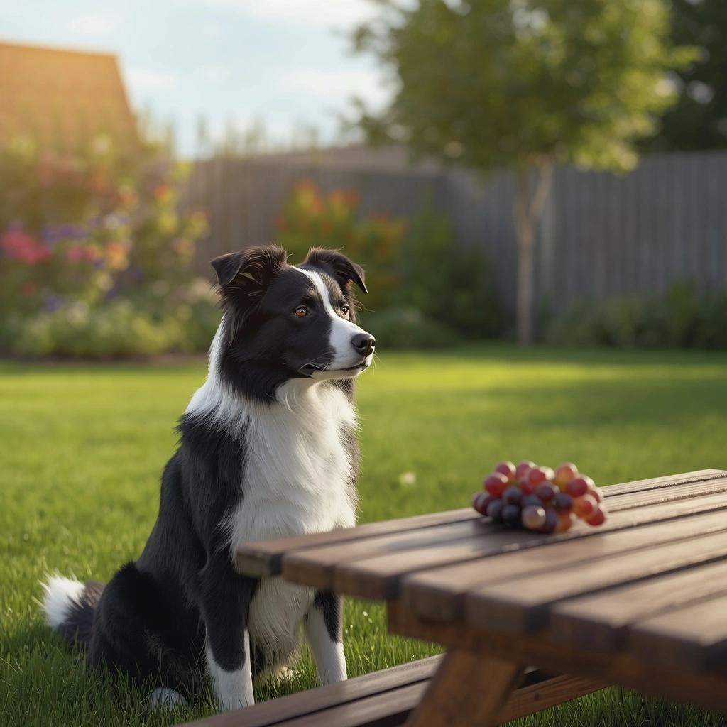 **Alt Text:**

**Border Collie sitting in a sunny backyard, looking at a small bunch of fresh grapes on a wooden picnic table with green grass and colorful flowers.**
