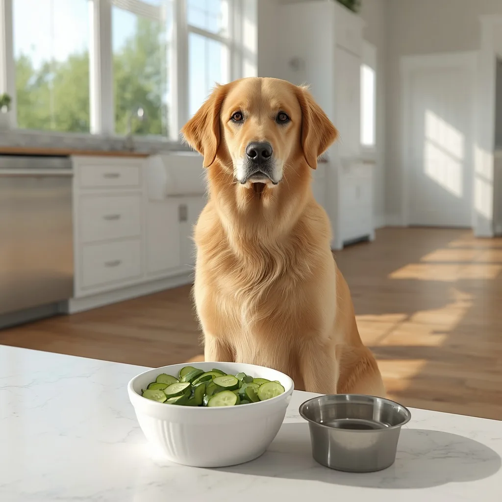 Golden Retriever sitting beside a white bowl of freshly sliced cucumbers in a bright American kitchen with natural sunlight.