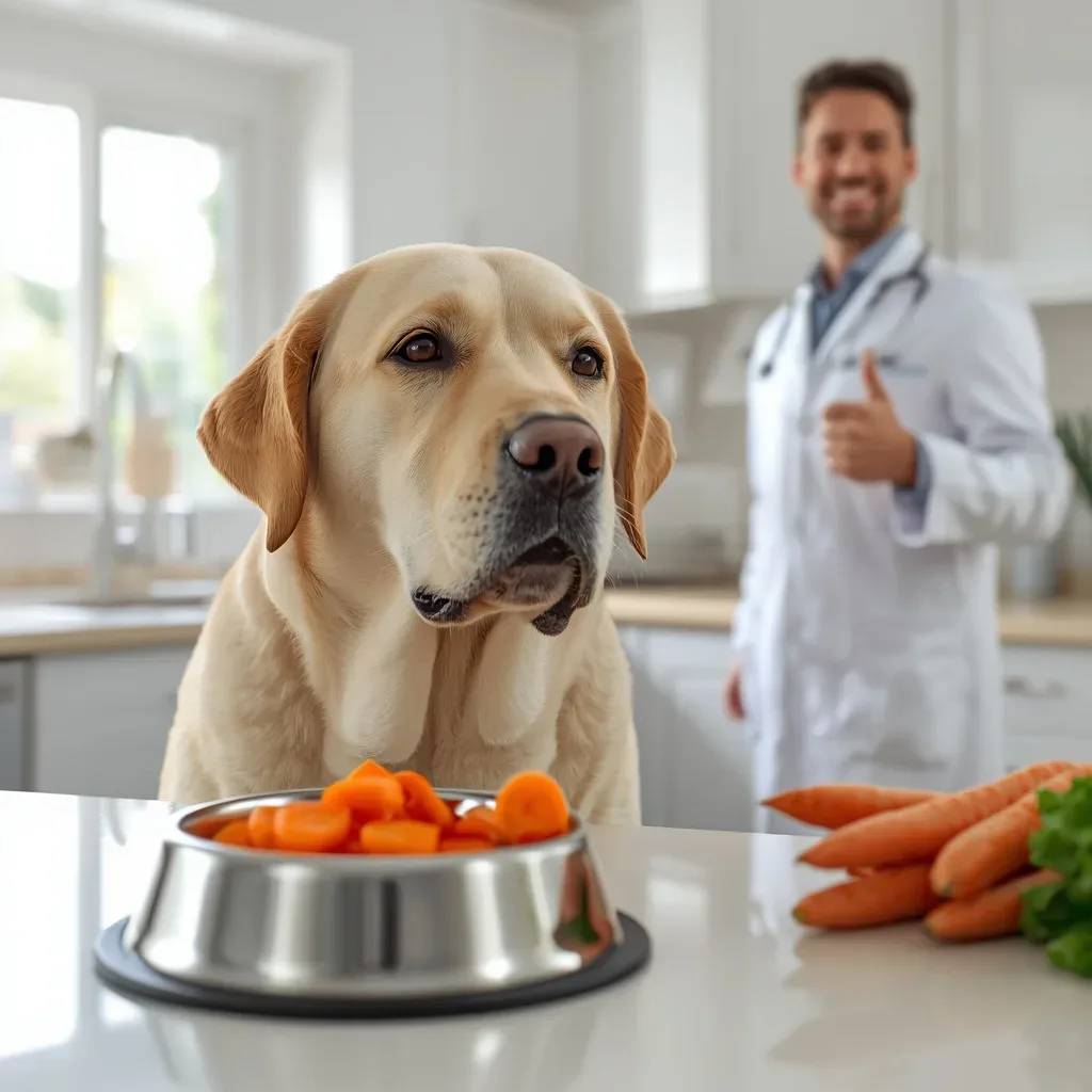 **Alt Text:**
**Border Collie sitting beside a ceramic bowl of premium dog food mixed with fresh sliced carrots in a sunny backyard, showing a healthy and balanced meal for dogs.**