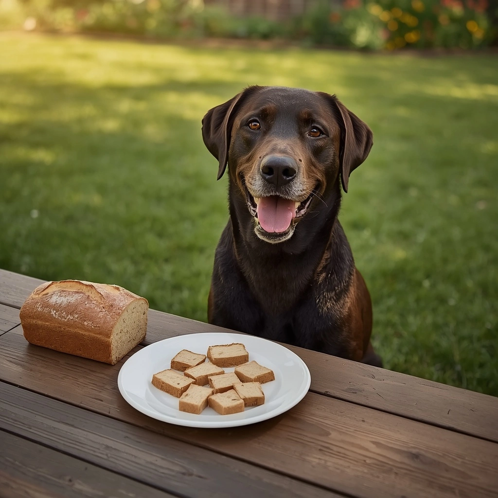Happy Labrador Retriever sitting beside plain whole wheat bread on a rustic table in a sunny American backyard, demonstrating a safe and moderate bread treat for dogs.**
