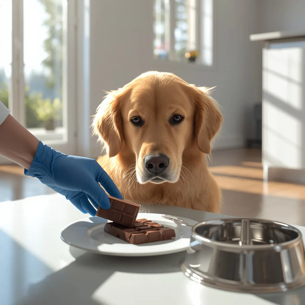 Golden Retriever looking at a chocolate bar while it is being kept away for the dog's safety.