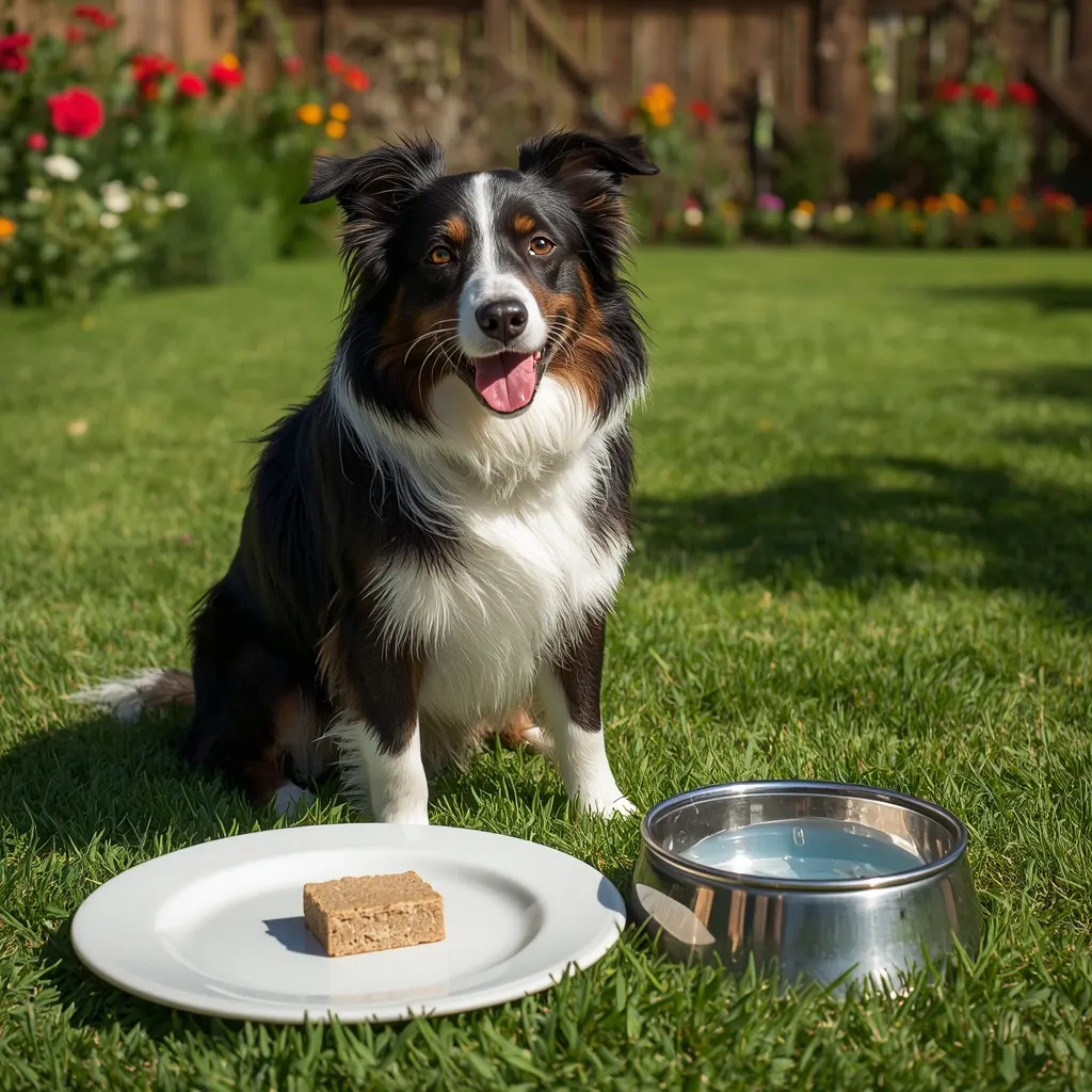 Border Collie sitting beside a white ceramic plate with one small piece of plain whole wheat bread and