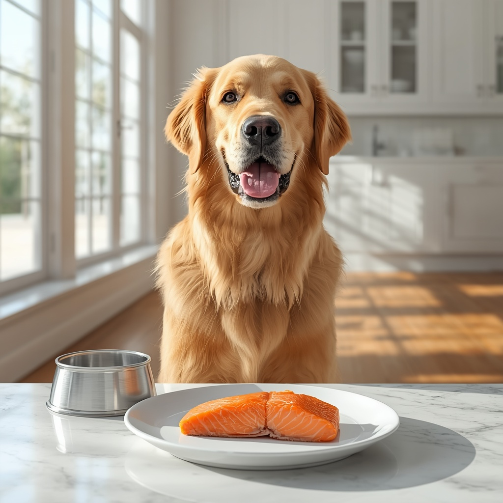 Beagle sitting beside white ceramic bowls with different portion sizes of plain cooked boneless salmon, demonstrating safe salmon serving amounts for small, medium, and large dogs.