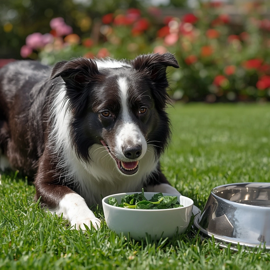 Border Collie enjoying a small serving of plain cooked spinach outdoors.