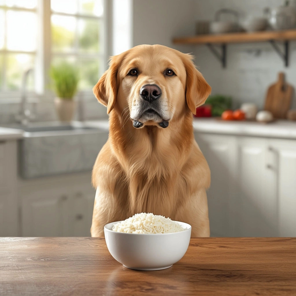Healthy Golden Retriever eating plain cooked white rice from a ceramic bowl in a bright American kitchen, illustrating whether dogs can safely eat rice.