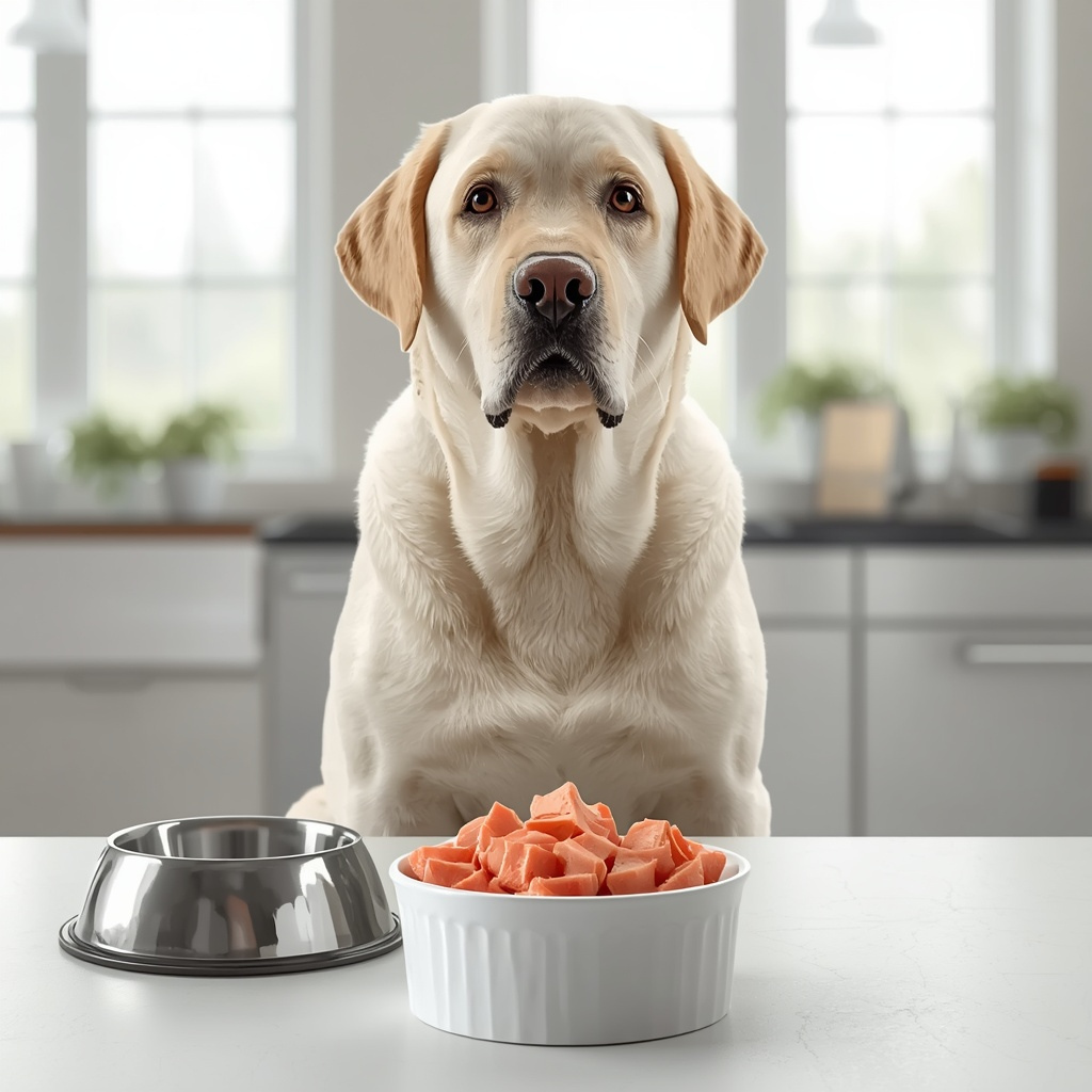 Labrador Retriever with a bowl of plain cooked tuna prepared safely for dogs.