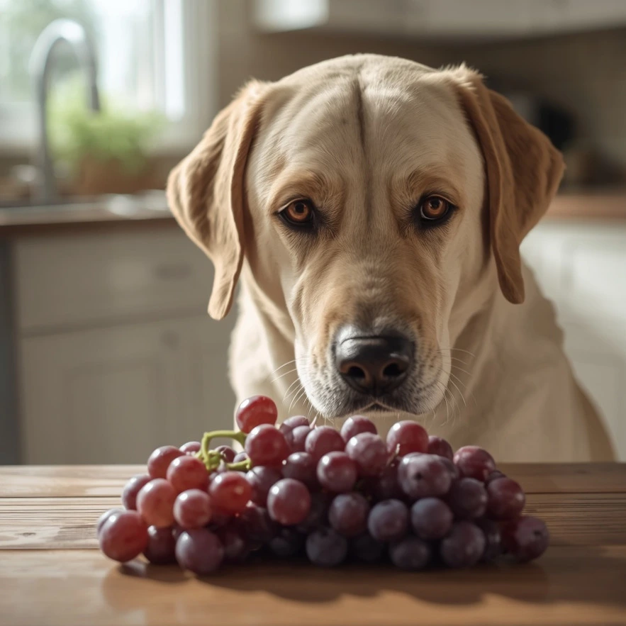 **Alt Text:**

**Labrador Retriever looking curiously at a bunch of fresh grapes on a wooden table in a bright American kitchen with soft natural morning light.**
