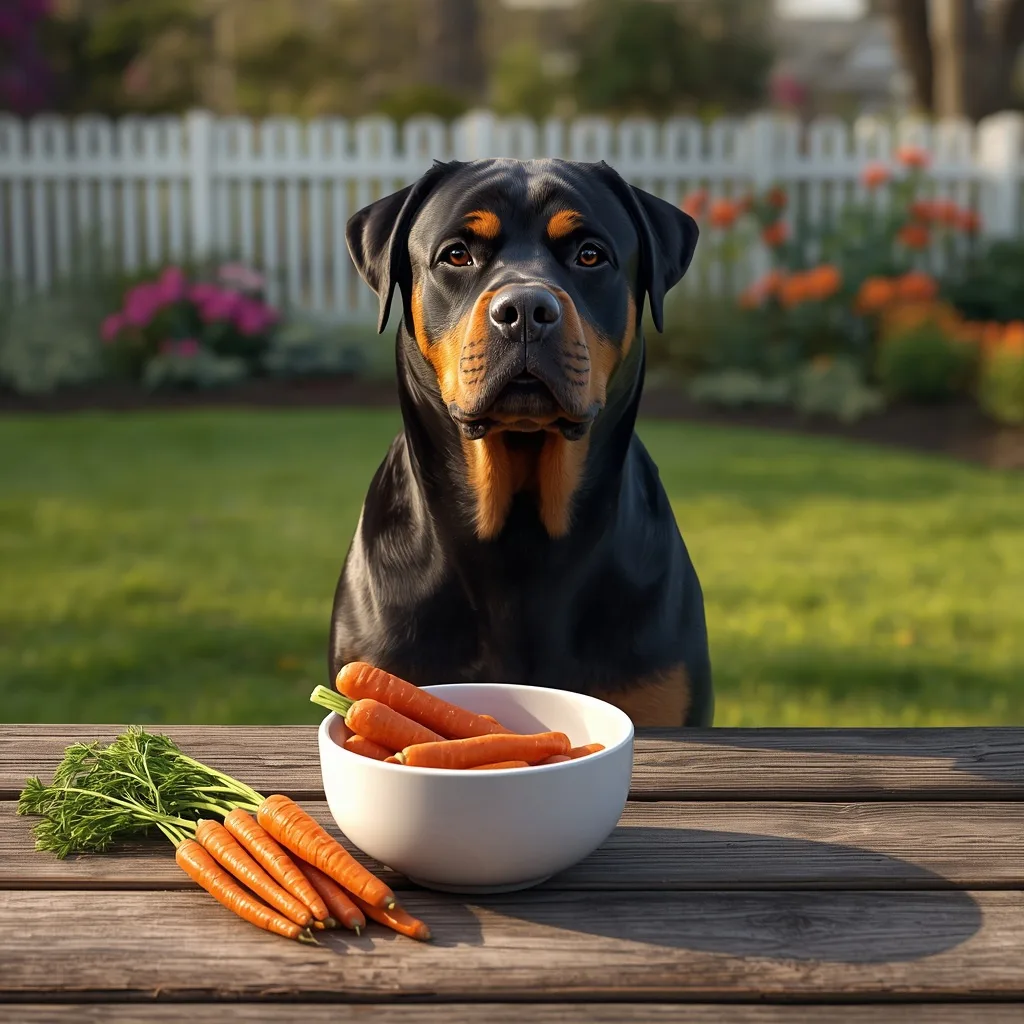**Alt Text:**
**Rottweiler sitting beside a white bowl of fresh raw carrot sticks on a wooden table in a sunny backyard, showing raw carrots as a healthy and safe snack for dogs.**