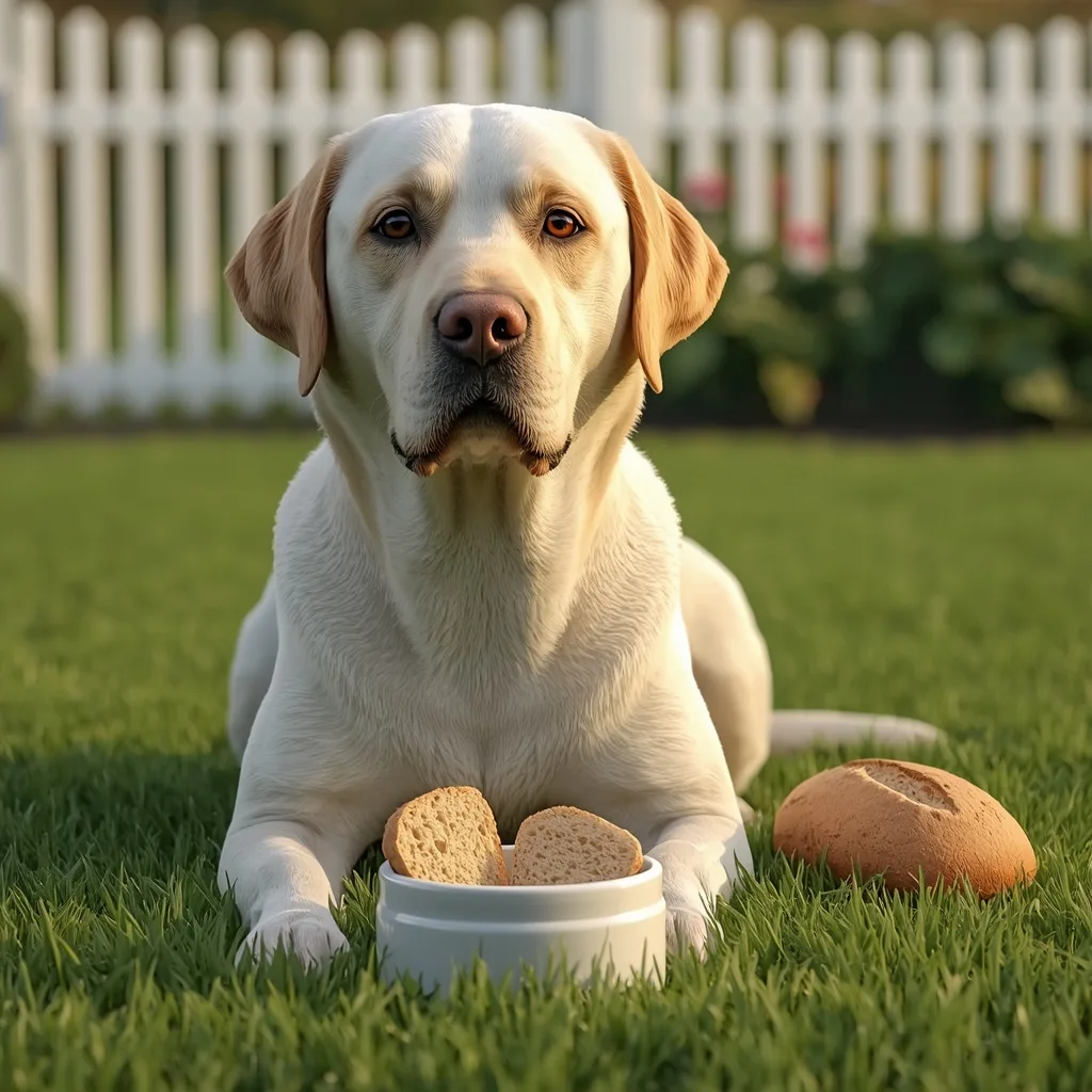 **SEO Alt Text:**
**Labrador Retriever sitting beside two bite-sized pieces of plain whole wheat bread in a white ceramic bowl with a whole wheat loaf in the background, demonstrating a safe serving size for dogs in a sunny American backyard.**