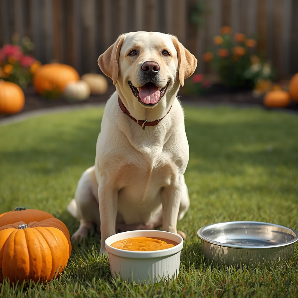 Happy Labrador Retriever sitting beside a white ceramic bowl of plain cooked pumpkin puree in a sunny American backyard, showing a safe and healthy pumpkin treat for dogs.