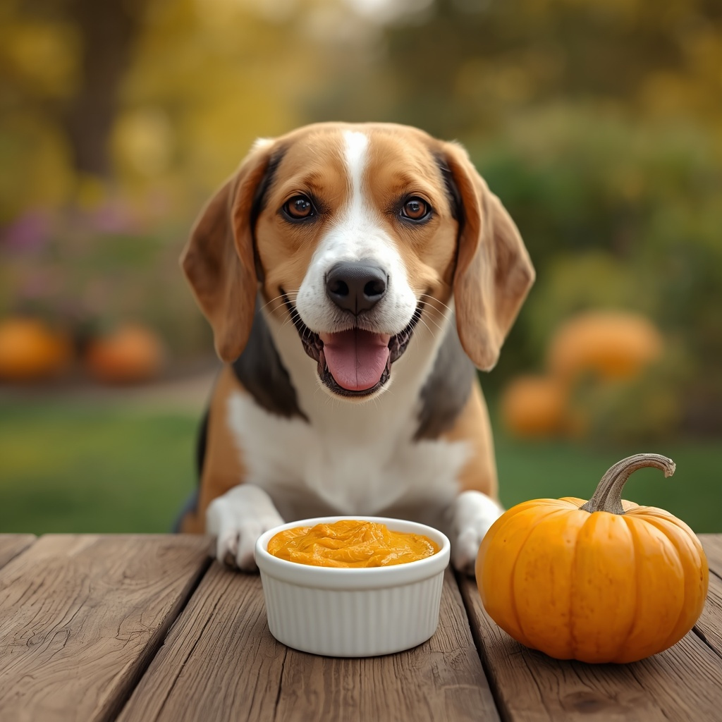 Happy Beagle looking at a white ceramic bowl of 100% plain pumpkin puree on a rustic wooden table in a sunny American garden.