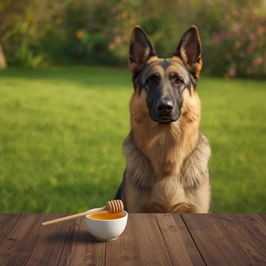 German Shepherd sitting beside a small white bowl of pure golden honey and a wooden honey dipper on a rustic table in a sunny American backyard, showing that healthy dogs can eat honey in moderation.